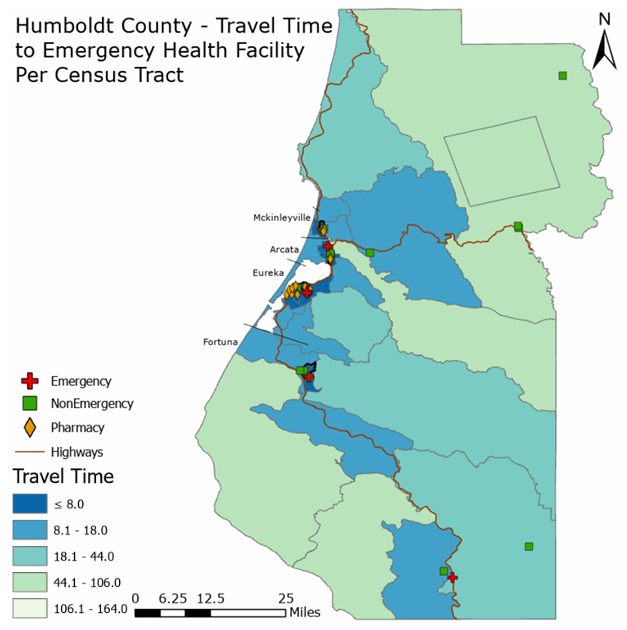 Emergency healthcare travel time map