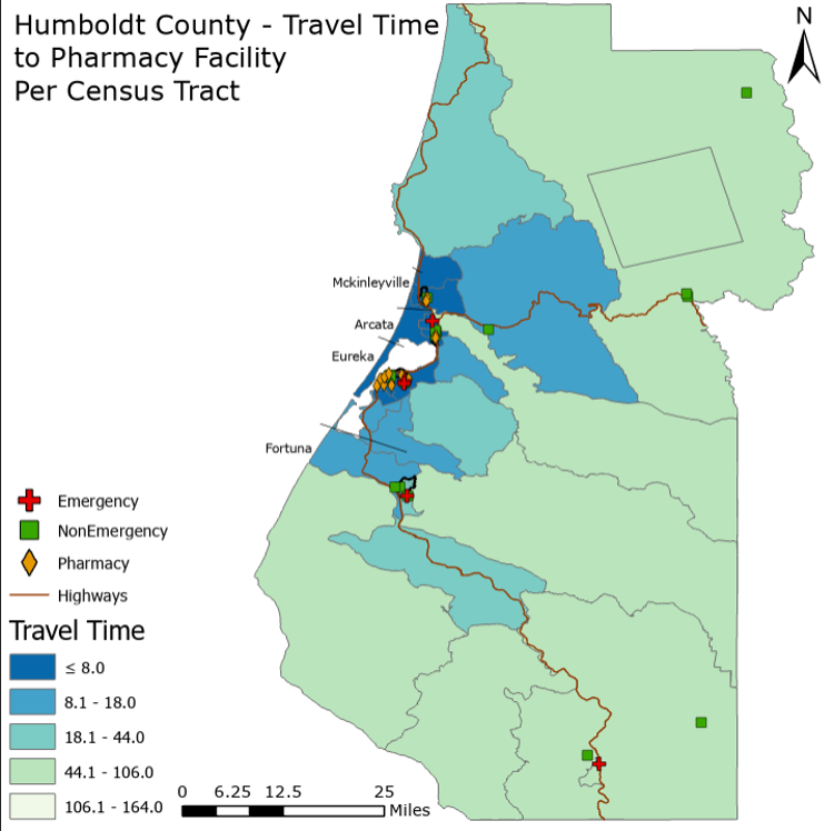 Pharmacy travel time map